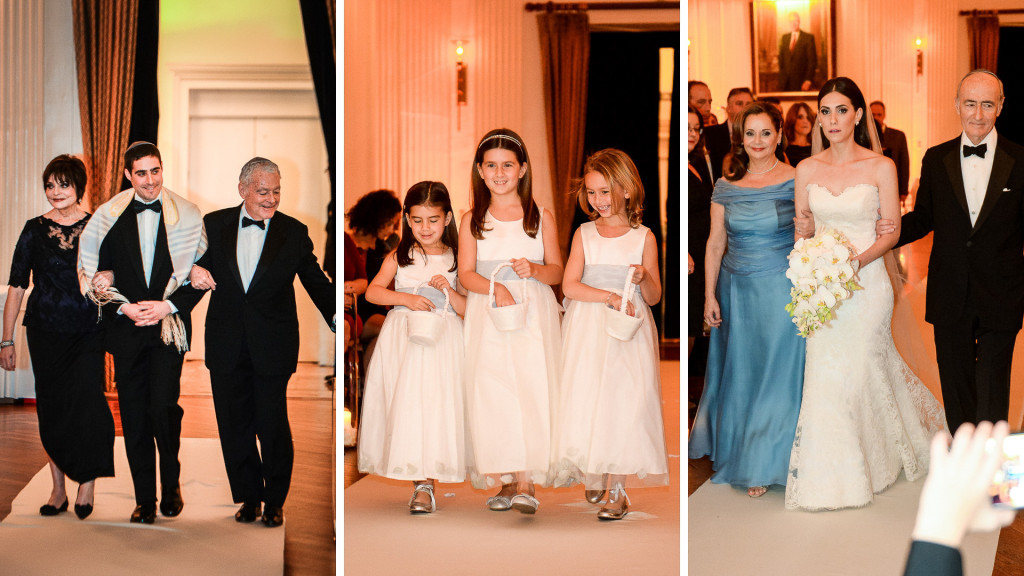 yale club nyc wedding ceremony coming down the aisle : groom and parents, flowergirls, bride and parents