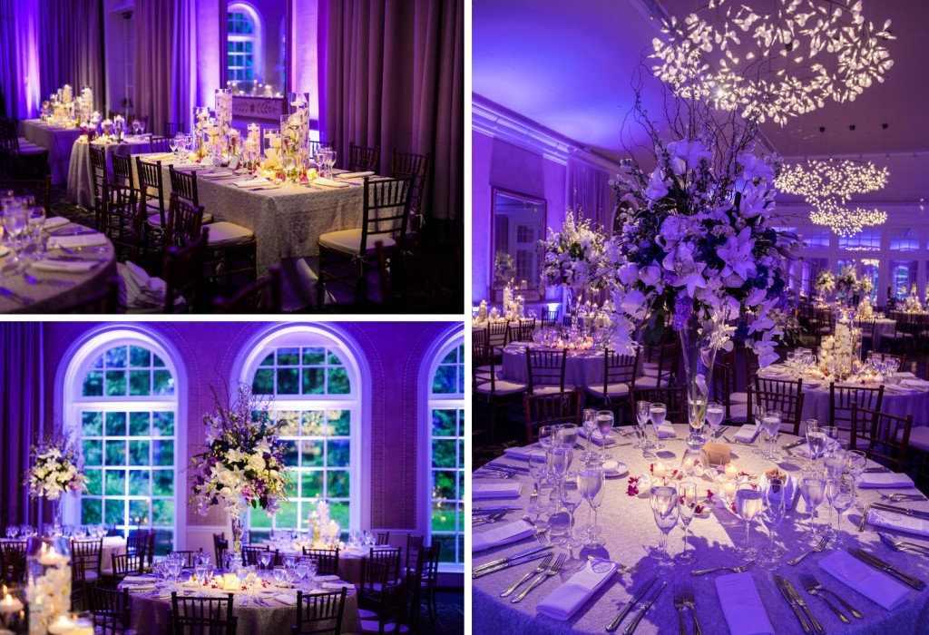 NYBG New York Botanical Garden wedding ceremony reception bride and groom, reception room, purple lights, orchids